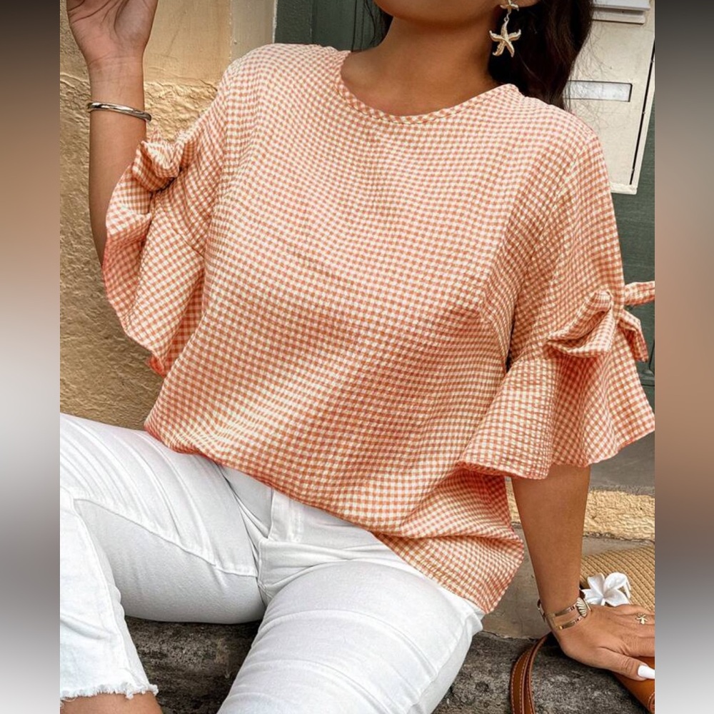 Gingham Print Ruffle Tie Knot Short Sleeve Tie Top Blouse Shirt